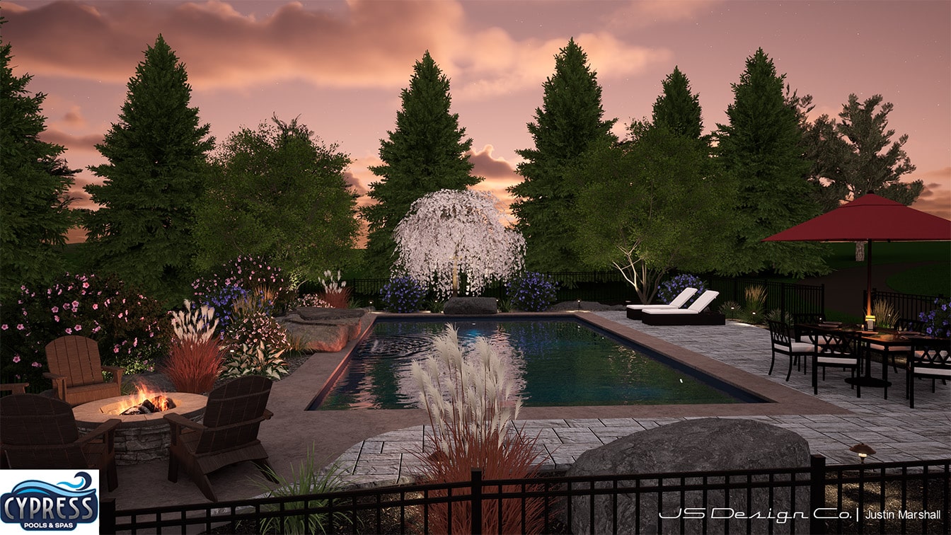 CAD Layout for custom inground fiberglass pool including round fire pit with adirondack chairs, chaise loungers, and rock water feature installed by Fiberglass pool builder Cypress Pools and Spas in Ballston Lake, New York